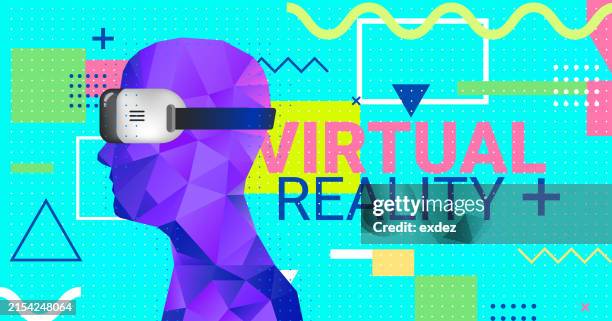 virtual reality text with vr device wearing guy - wearable camera point of view stock illustrations