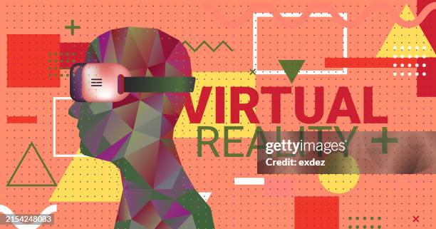 virtual reality text with vr device wearing guy - wearable camera point of view stock illustrations