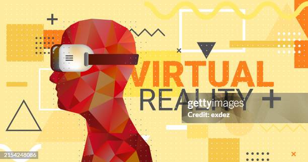 virtual reality text with vr device wearing guy - wearable camera point of view stock illustrations