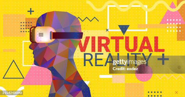 virtual reality text with vr device wearing guy - wearable camera point of view stock illustrations