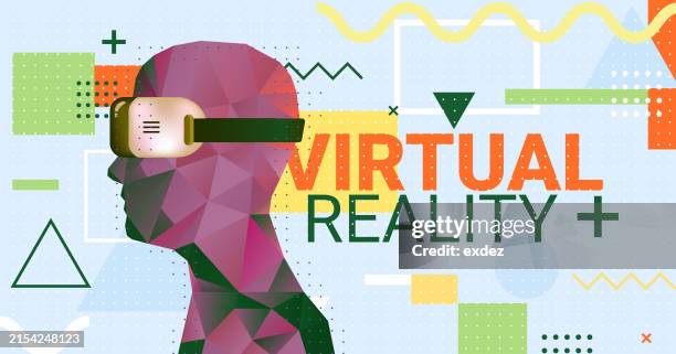 virtual reality text with vr device wearing guy - wearable camera point of view stock illustrations