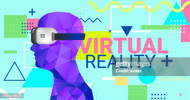 virtual reality text with vr device wearing guy - wearable camera point of view stock illustrations