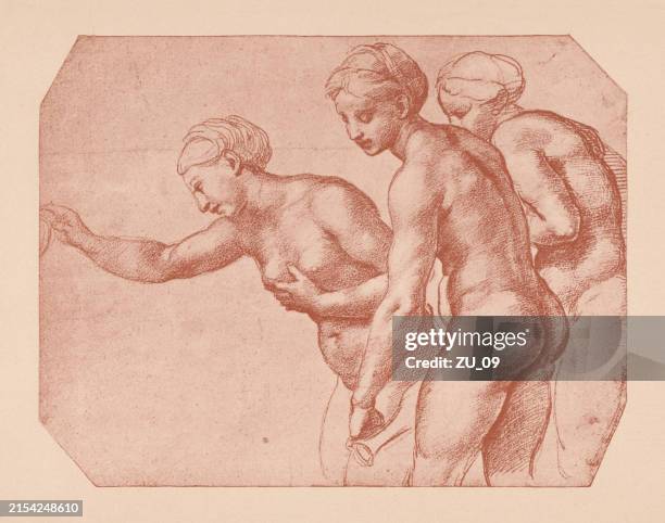 stockillustraties, clipart, cartoons en iconen met the three graces, drawed by raphael, halftone print, published 1891 - de drie gratiën