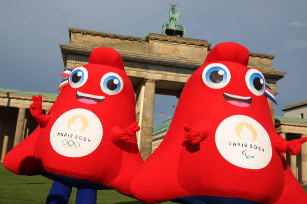 The Olympic Games 2024 mascot stands in front of the Brandenburg Gate during a state visit by French President Emmanuel Macron on May 26, 2024 in...
