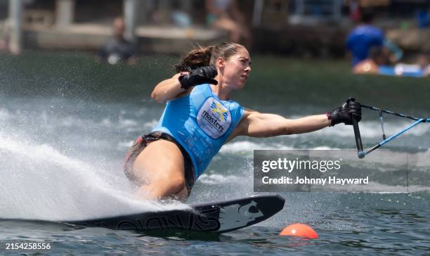 Jaimee Bull of Canada slaloms during the finals at the Nautique Masters Water Ski and Wakeboard Tournament on Robin Lake at Callaway Gardens on May...