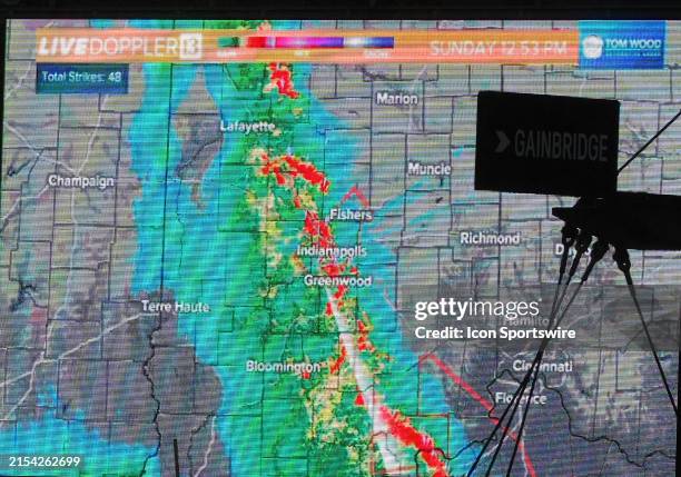 Current weather radar on a video screen during a rain delay before the start of the 108th running of the Indianapolis 500 on May 26 at the...