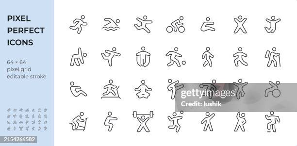 gymnastik & sport icon set. editierbare hubstärke. pixelperfekte symbole. - springseil stock-grafiken, -clipart, -cartoons und -symbole