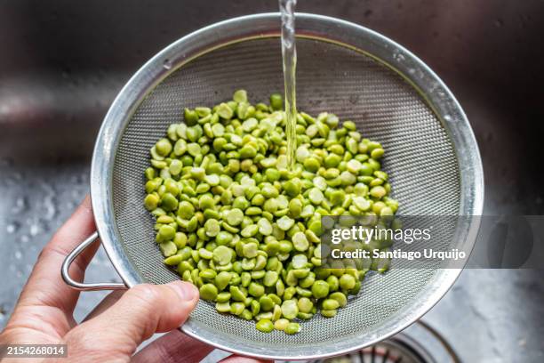 washing split peas on a strainer - legume family stock pictures, royalty-free photos & images