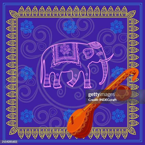 veena instrument greeting - peacock stock illustrations