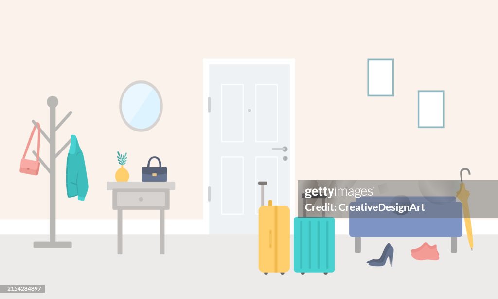 Suitcases By The Door In Corridor. Front Door Entrance To House With Hassock, Coat Hook, Drawer And Luggages. Preparation For Vacation, Leaving Home For Holiday