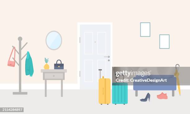 suitcases by the door in corridor. front door entrance to house with hassock, coat hook, drawer and luggages. preparation for vacation, leaving home for holiday - saying goodbye at door stock illustrations