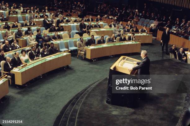 Soviet Premier Alexei Kosygin addresses the UN General Assembly Special Session in New York City, New York following a cease fire in the Six-Day War....