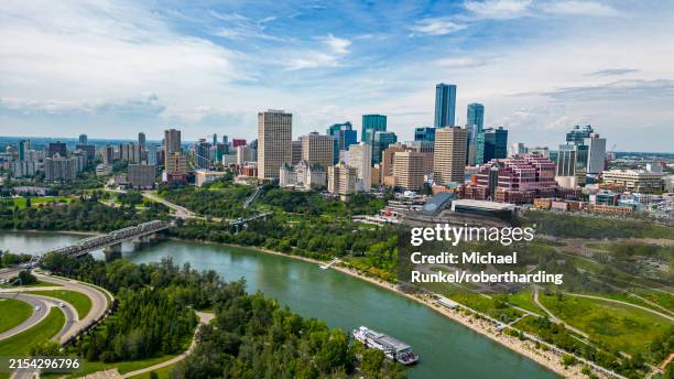 aerial of the skyline of edmonton, alberta, canada, north america - saskatchewan river stock pictures, royalty-free photos & images