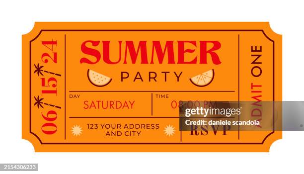 illustrazioni stock, clip art, cartoni animati e icone di tendenza di invito alla festa estiva. biglietto pass. - biglietto