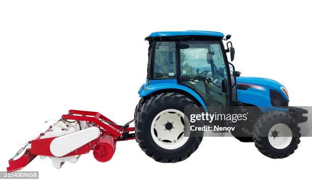 tractor with plow on white background - aratro foto e immagini stock