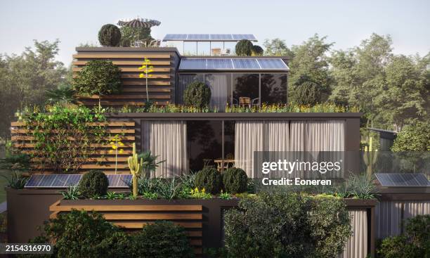 primo piano di un edificio sostenibile nella foresta - architettura ecologica foto e immagini stock