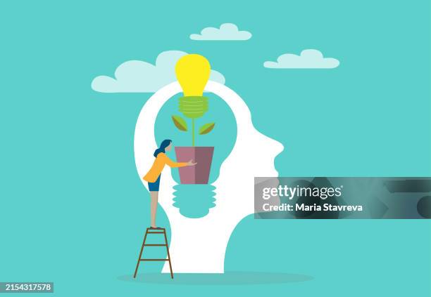businesswoman holding light bulb for put think growth mindset. - hope concept vector stock illustrations