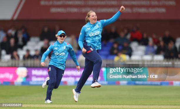 Sophie Ecclestone of England celebrates after getting Fatima Sana of Pakistan out during the 1st Women's Metro Bank ODI match between England and...