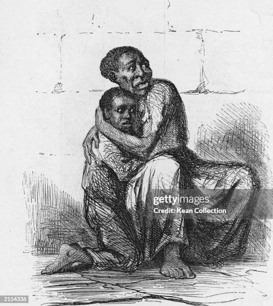 An illustration of an African American enslaved woman hugging a boy to her chest from the novel 'Uncle Tom's Cabin,' by American novelist Harriet...