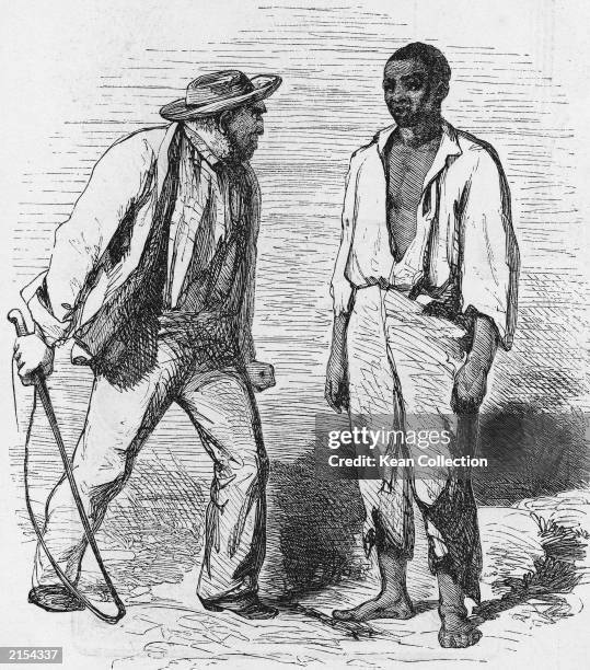 An illustration of a man with a whip standing next to an enslaved African American from the novel 'Uncle Tom's Cabin,' by American novelist Harriet...