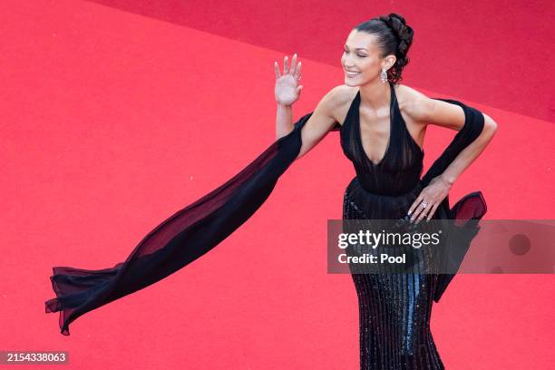Bella Hadid attends the "L'Amour Ouf" Red Carpet at the 77th annual Cannes Film Festival at Palais des Festivals on May 23, 2024 in Cannes, France.