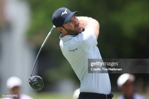 Grayson Murray of the United States hits a tee shot on the 11th hole during the first round of the Charles Schwab Challenge at Colonial Country Club...