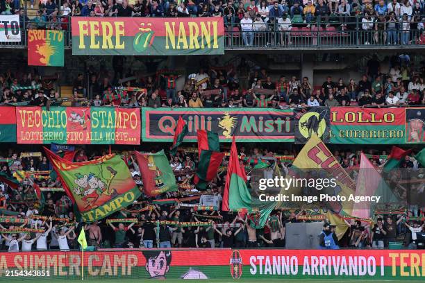 Fans of Ternana Calcio during the Serie BKT play off match between Ternana Calcio and SSC Bari at Stadio Libero Liberati on May 23, 2024 in Terni,...