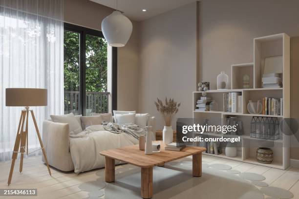 modernes wohnzimmer-interieur mit sofa, stehlampe, bücherregal und couchtisch - bücherregal leer stock-fotos und bilder