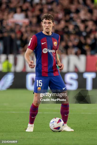 Andreas Christensen of FC Barcelona is controlling the ball during the La Liga EA Sports match between Sevilla FC and FC Barcelona at Ramon Sanchez...