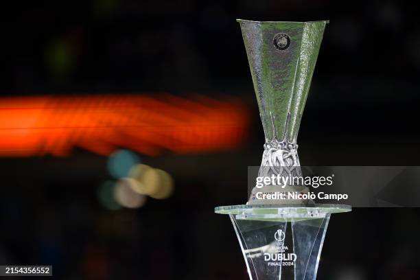 The trophy of the UEFA Europa League is seen on a plinth during the award ceremony following the UEFA Europa League final football match between...