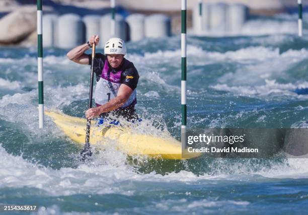 David Hearn of the USA competes in the Men's C1 whitewater canoeing final of the 2000 Summer Olympics on September 18, 2000 at Penrith Whitewater...
