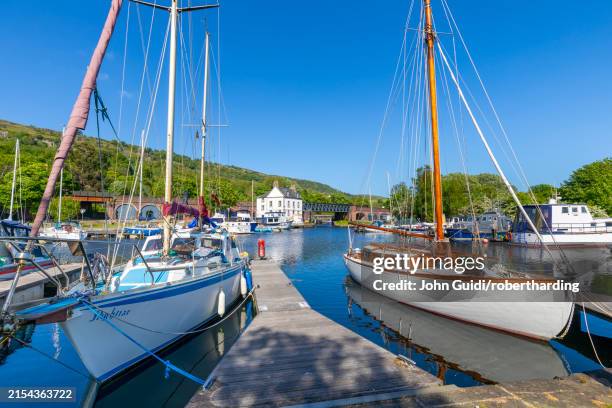 bowling harbour, lower basin, forth and clyde canal, bowling, west dunbartonshire, scotland, united kingdom, europe - dunbartonshire stock pictures, royalty-free photos & images