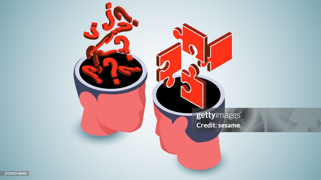 Problems and solutions, asking and answering questions, Q&A interactions. Isometric brain full of question marks and brain full of light bulbs