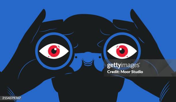 stockillustraties, clipart, cartoons en iconen met man looking through binocular vector illustration - stalker