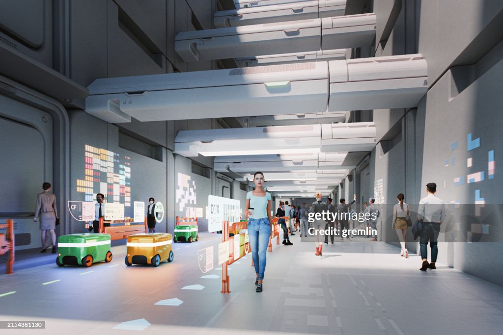 Futuristic city street with autonomous delivery mini vans