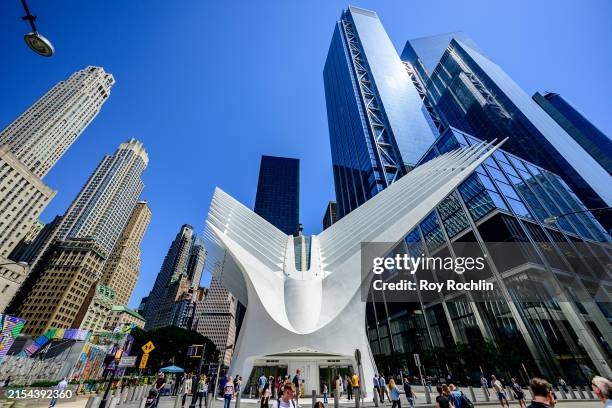 View of The Oculus shopping center and Path Train Station on May 22, 2024 in New York City. The Oculus was designed by Spanish architect Santiago...