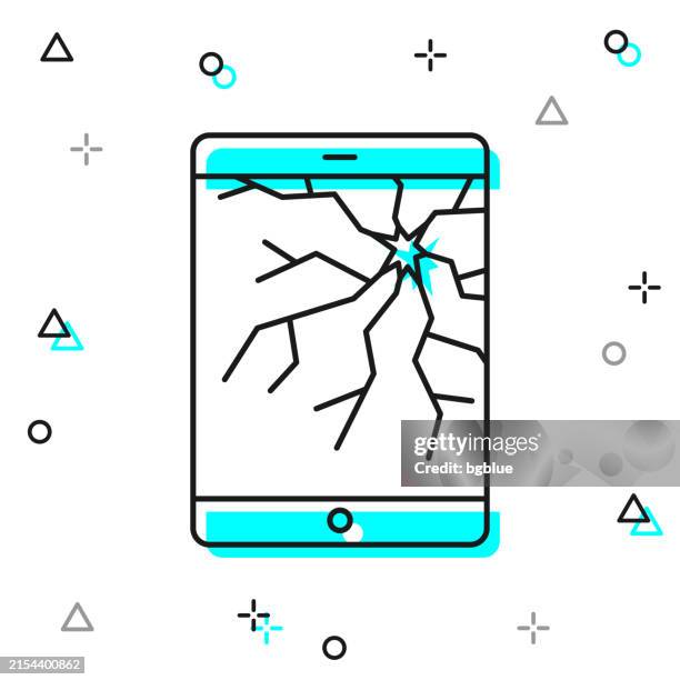 tablet pc with broken screen. line icon on white background - destroyed computer stock illustrations