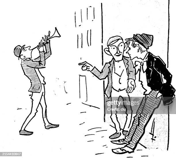 two men talking about a playing trumpeter nearby - busker stock illustrations