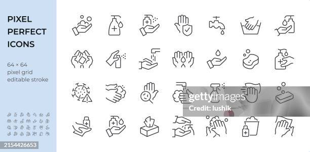stockillustraties, clipart, cartoons en iconen met washing hands icon set. editable stroke weight. pixel perfect icons. - handdesinfectiemiddel