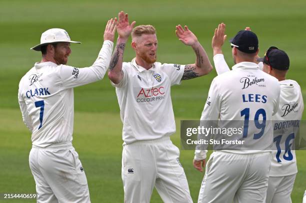 Durham bowler Ben Stokes celebrates with team mates after taking the wicket of Tom Lammonby during day one of the Vitality County Championship match...