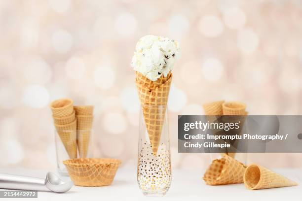 chocolate chip ice cream waffle cone with scooper - sorvete chocolate chip - fotografias e filmes do acervo
