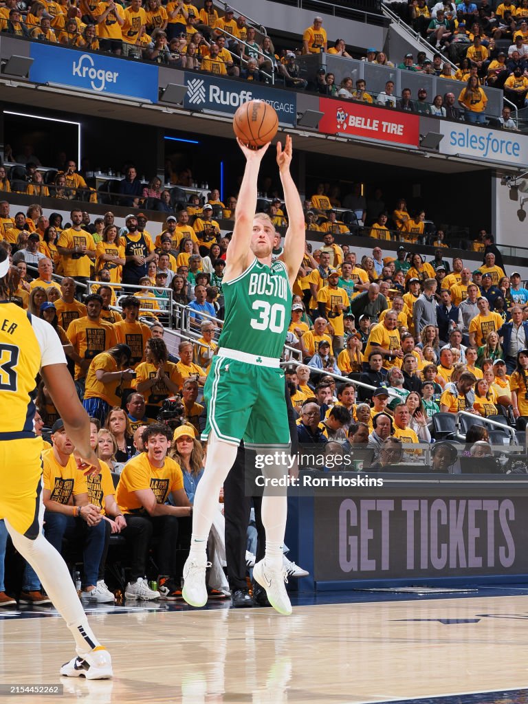 Sam Hauser Sam Hauser of the Boston Celtics shoots a three point basket during ...