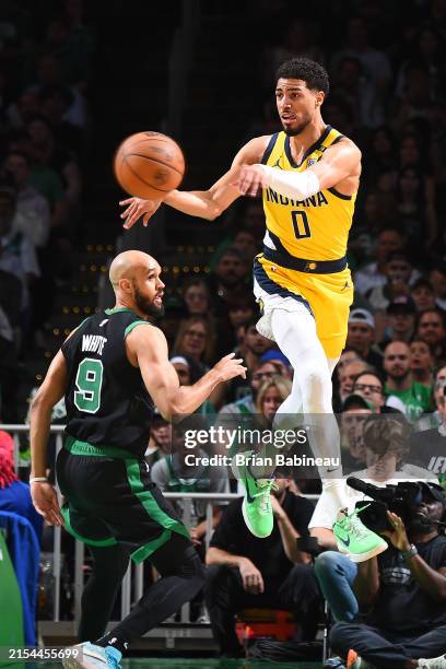 Tyrese Haliburton of the Indiana Pacers passes the ball during the game against the Boston Celtics during Game 2 of the Eastern Conference Finals of...