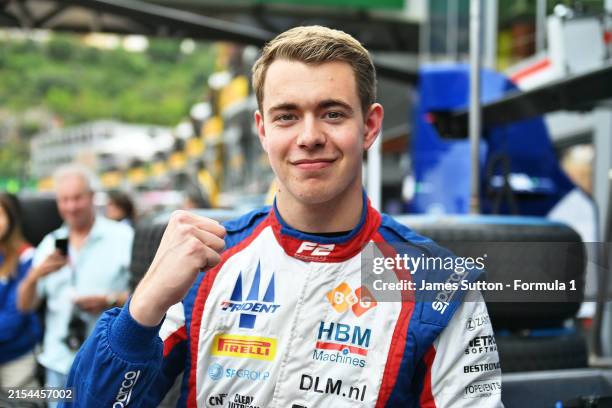 Pole position qualifier Richard Verschoor of Netherlands and Trident celebrates in parc ferme during qualifying ahead of Round 5 Monte Carlo of the...