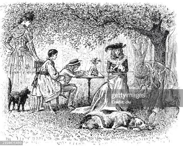 family sitting under an apple tree with dog and cat - sitting under tree cartoon stock illustrations