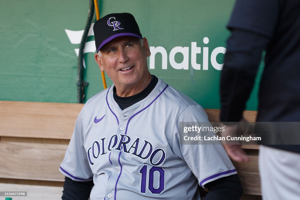 Colorado Rockets Basketball Manager Bud Black of the Colorado Rockies looks on before the game ...