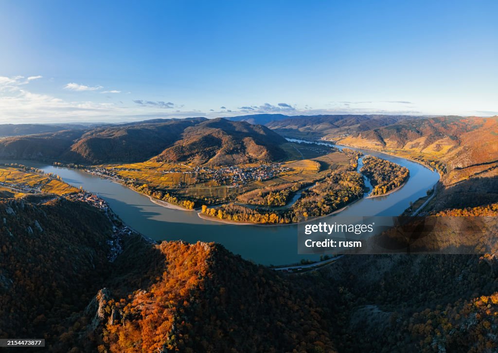 Aerial panorama of Danube meander in Wachau valley near Durnstein at clear autumn morning, Austria.