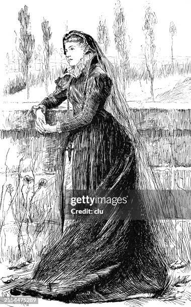 mary stuart at amboise, standing at a wall - leaning tree stock illustrations