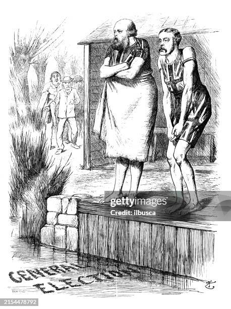 british satire caricature comic cartoon illustration - swimming competition stock illustrations