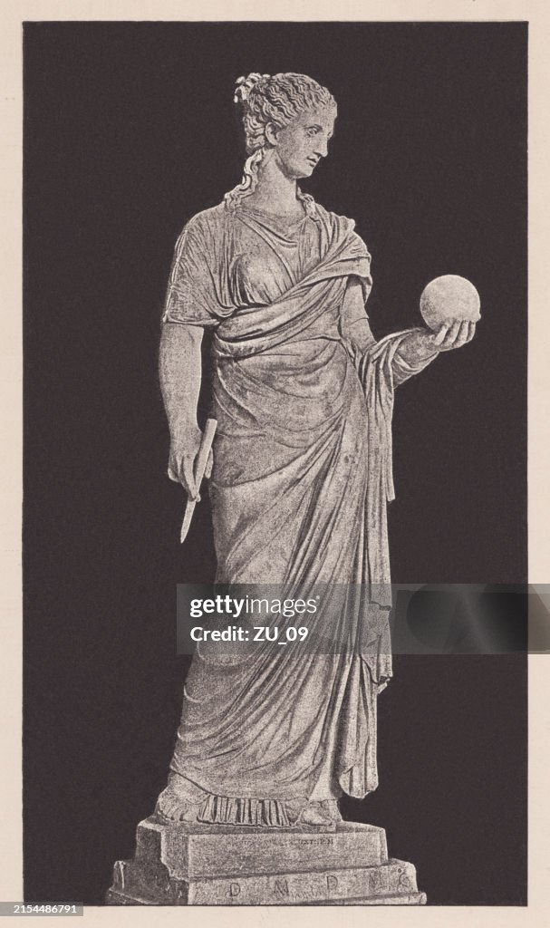 Urania, Muse of astronomy, ancient staue, Vatican, halftone, published 1891
